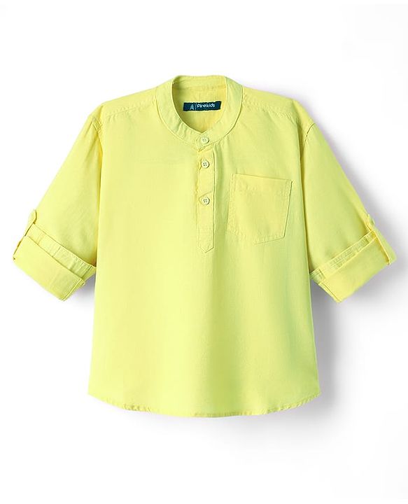 Pine Kids Cotton Woven Mandarin Collar Full Sleeves Solid Colour Kurta Style Shirt - Light Green