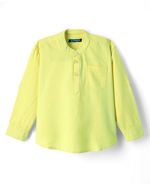 Pine Kids Cotton Woven Mandarin Collar Full Sleeves Solid Colour Kurta Style Shirt - Yellow