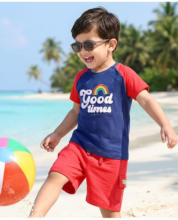 Babyhug Single Jersey Knit Half Raglan Sleeves T-Shirt & Shorts Set With Good Times Print - Navy Blue & Red