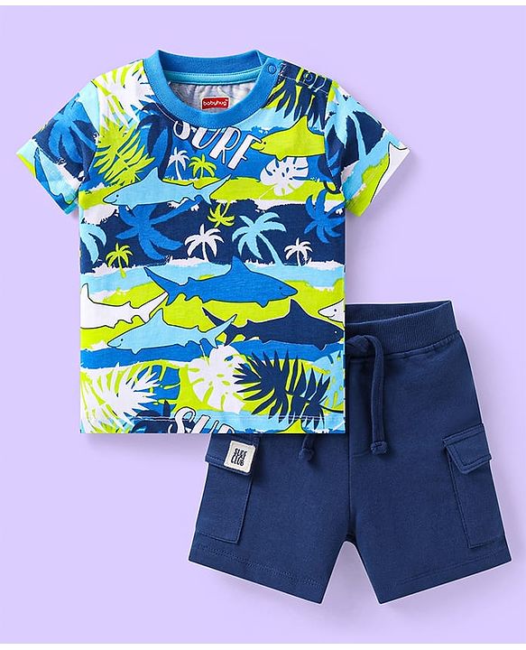 Babyhug Single Jersey Knit Half Sleeves T-Shirt & Shorts Set with Beach Theme Print -  Blue