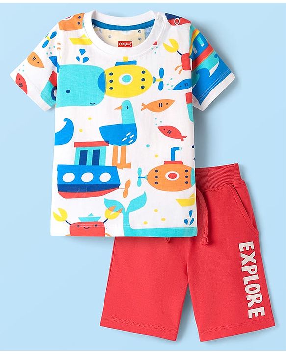 Babyhug Single Jersey Knit Half Sleeves T-Shirt and Shorts Set with Sea Life Print - White & Red