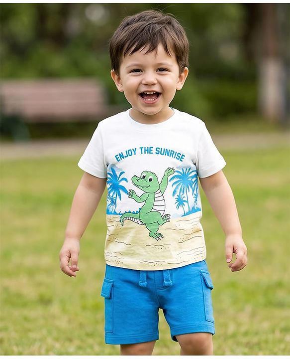 Babyhug Single Jersey Knit Half Sleeves T-Shirt & Shorts Set With Dino Print - White & Blue