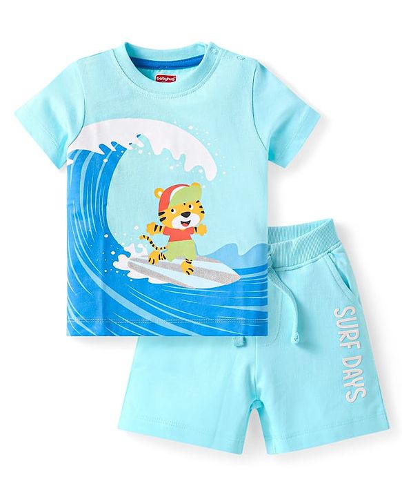 Babyhug Single Jersey Knit Half Sleeves T-Shirt & Shorts Set With Tiger Print - Light Blue