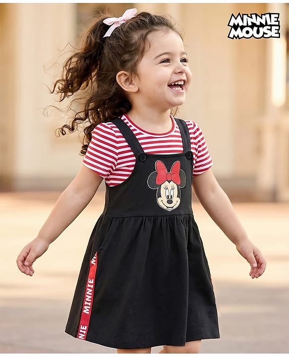 Babyhug Disney  Single Jersey Knit Half Sleeves Frock & T-Shirt With Minnie Mouse Graphics And Tape Detailing - Red & Black
