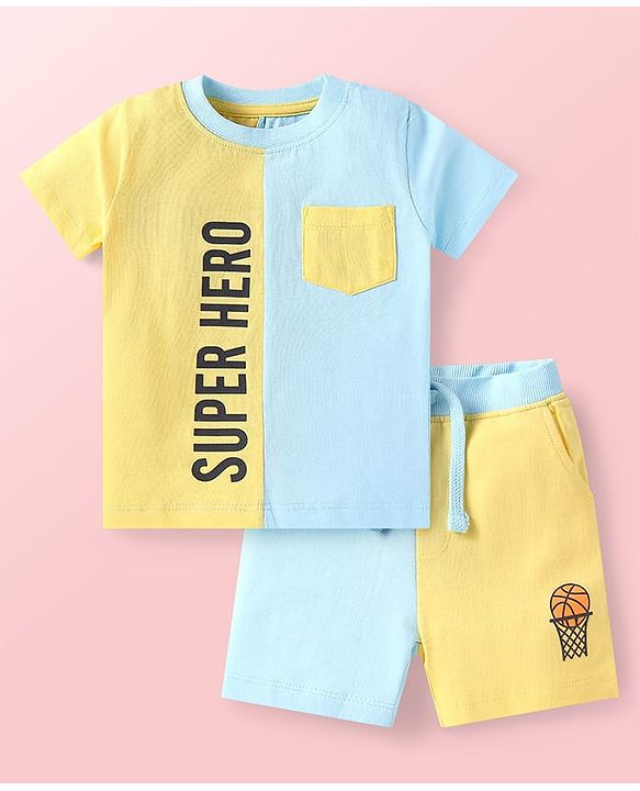 Babyhug Single Jersey Knit Half Sleeves T-Shirt & Shorts Set With Cut & Sew Design & Text Print - Light Blue & Yellow