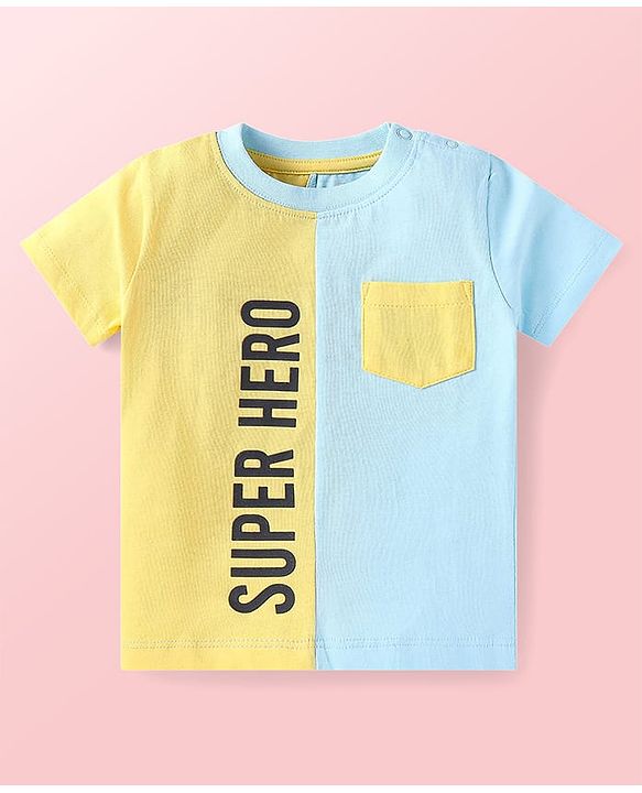 Babyhug Single Jersey Knit Half Sleeves T-Shirt & Shorts Set With Cut & Sew Design & Text Print - Light Blue & Yellow