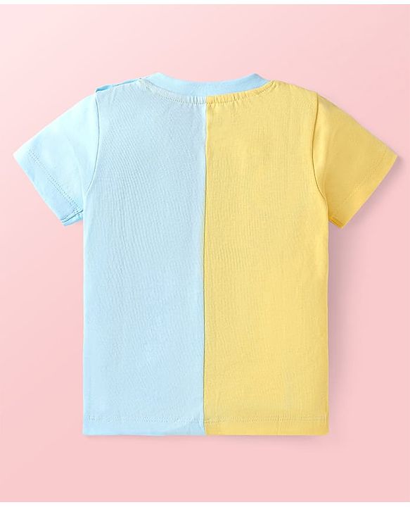 Babyhug Single Jersey Knit Half Sleeves T-Shirt & Shorts Set With Cut & Sew Design & Text Print - Light Blue & Yellow
