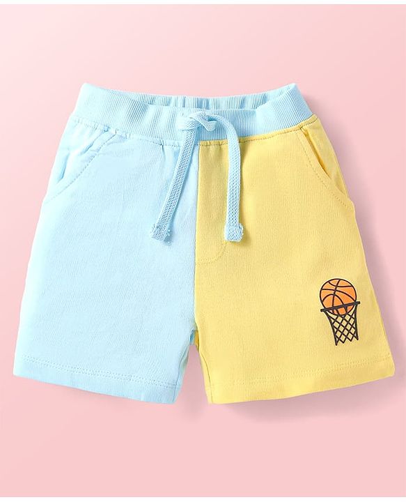 Babyhug Single Jersey Knit Half Sleeves T-Shirt & Shorts Set With Cut & Sew Design & Text Print - Light Blue & Yellow