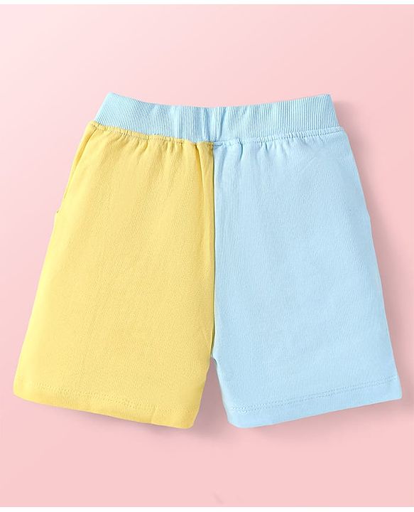 Babyhug Single Jersey Knit Half Sleeves T-Shirt & Shorts Set With Cut & Sew Design & Text Print - Light Blue & Yellow