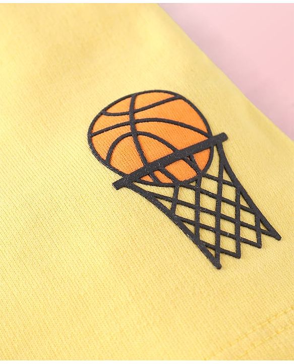 Babyhug Single Jersey Knit Half Sleeves T-Shirt & Shorts Set With Cut & Sew Design & Text Print - Light Blue & Yellow