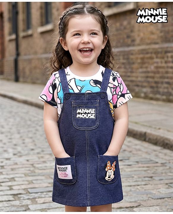 Babyhug Disney Single Jersey Knit Dungaree Style Frock with Half Sleeves T-Shirt & Minnie Mouse Graphics & Badge Detailing - Navy Blue