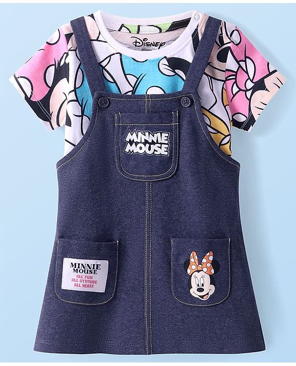 Babyhug Disney Single Jersey Knit Dungaree Style Frock with Half Sleeves T-Shirt & Minnie Mouse Graphics & Badge Detailing - Navy Blue