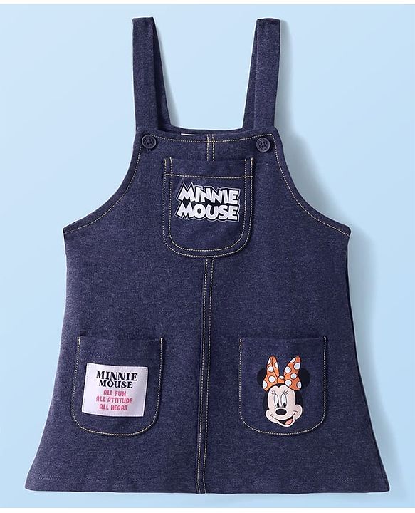 Babyhug Disney Single Jersey Knit Dungaree Style Frock with Half Sleeves T-Shirt & Minnie Mouse Graphics & Badge Detailing - Navy Blue