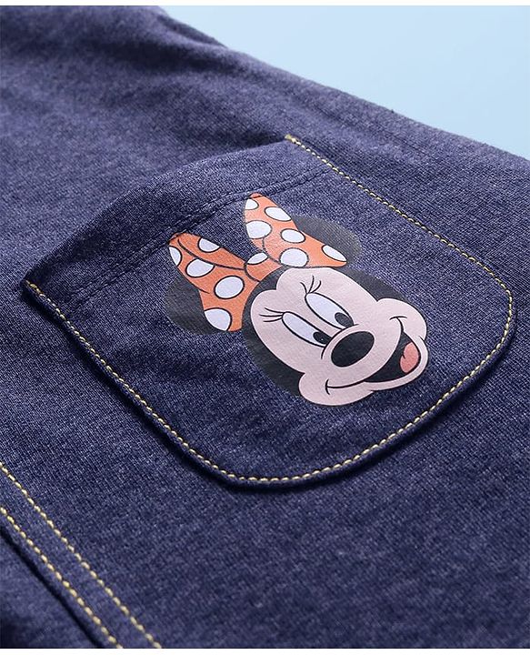 Babyhug Disney Single Jersey Knit Dungaree Style Frock with Half Sleeves T-Shirt & Minnie Mouse Graphics & Badge Detailing - Navy Blue