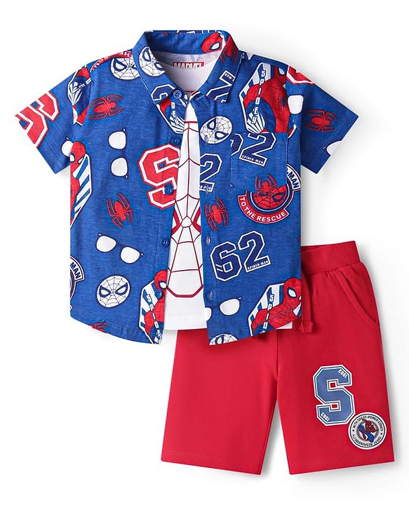 Babyhug Marvel Single Jersey Knit Half Sleeves Spider Man Printed Shirt T-Shirt & Shorts Set - Blue Red & White