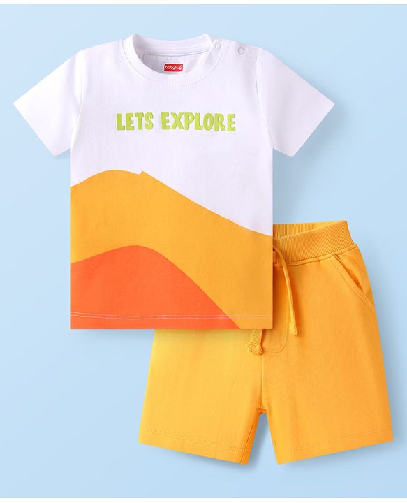 Babyhug Single Jersey Knit Half Sleeves T-Shirt & Shorts Set With Text Print & Color Block Design - White & Orange