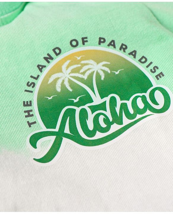 Babyhug Single Jersey Knit Half Sleeves T-Shirt & Shorts Set With Color Block Design & Aloha Print - Sea Green White & Light Blue