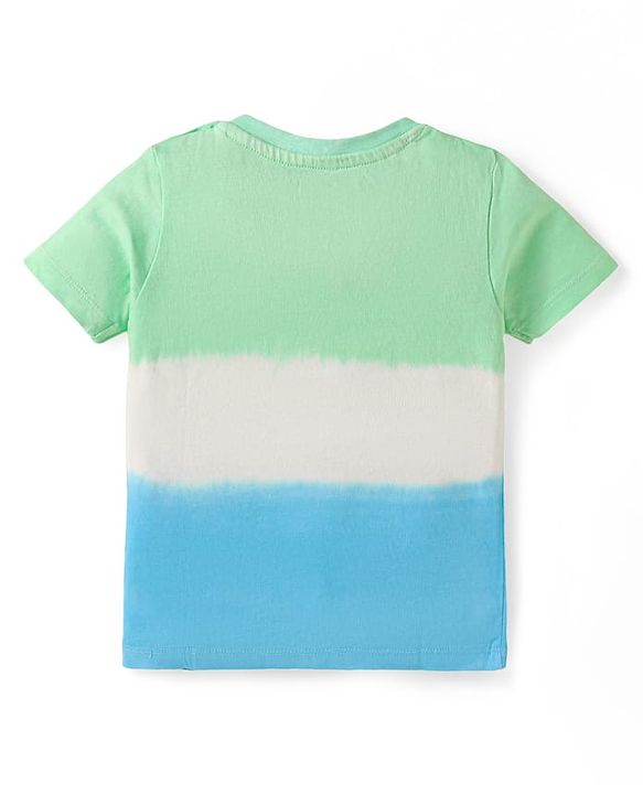 Babyhug Single Jersey Knit Half Sleeves T-Shirt & Shorts Set With Color Block Design & Aloha Print - Sea Green White & Light Blue