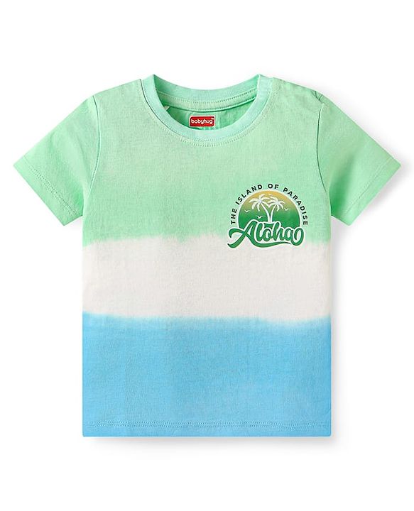 Babyhug Single Jersey Knit Half Sleeves T-Shirt & Shorts Set With Color Block Design & Aloha Print - Sea Green White & Light Blue