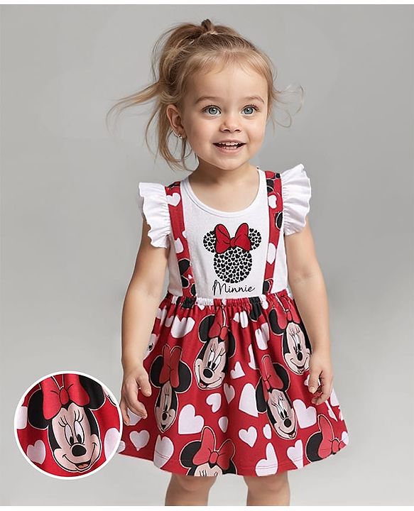 Babyhug Disney Single Jersey Knit Frill Sleeves Frock with Minnie Mouse Graphics - White & Red