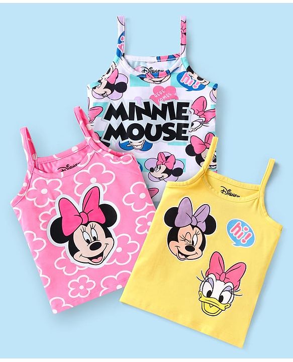 Babyhug Disney Lycra Knit Singlet Sleeves Slips With Minnie Mouse Graphics Pack of 3 - Yellow Pink & White