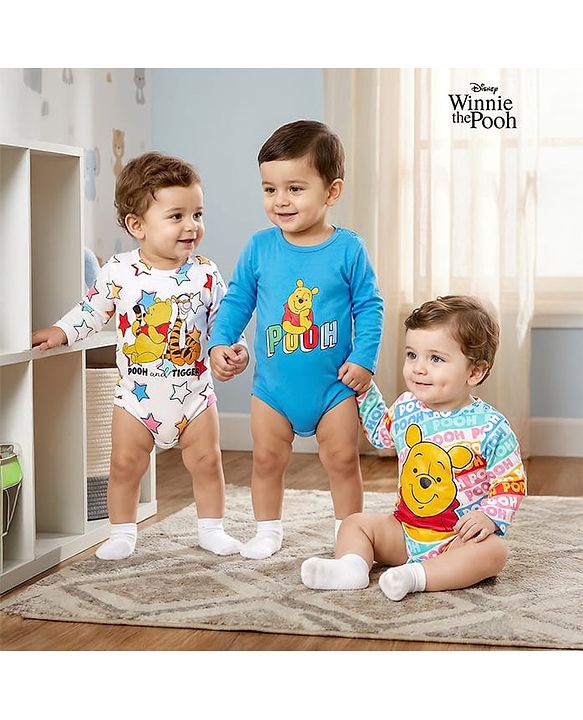 Babyhug Disney Interlock Knit Full Sleeves Onesies with Winnie the Pooh Graphics Pack of 3 - Blue & White