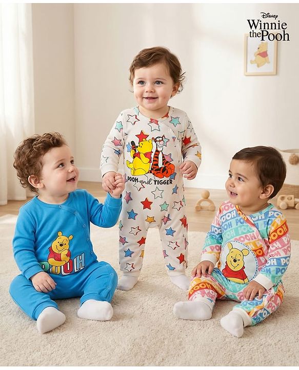 Babyhug Disney Interlock Knit Full Sleeves Rompers With Winnie The Pooh Graphics Pack of 3 - Multicolor