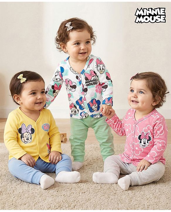 Babyhug Disney Interlock Knit Full Sleeves Jhablas With Minnie Mouse Graphics Pack Of 3 - Yellow Pink & White