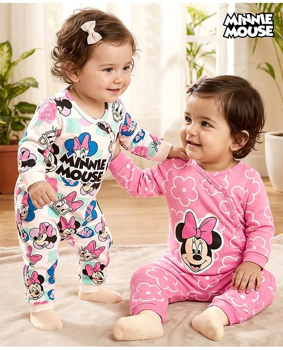 Babyhug Disney Interlock Knit Full Sleeves Footed Sleep Suit with Mickey Mouse & Friends Graphics Pack of 2 - White & Blue main image 1