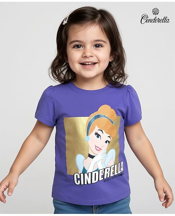 Babyhug Disney Single Jersey Knit Half Sleeves T-Shirt With Cindrella Graphic & Gold Foil Detailing - Purple