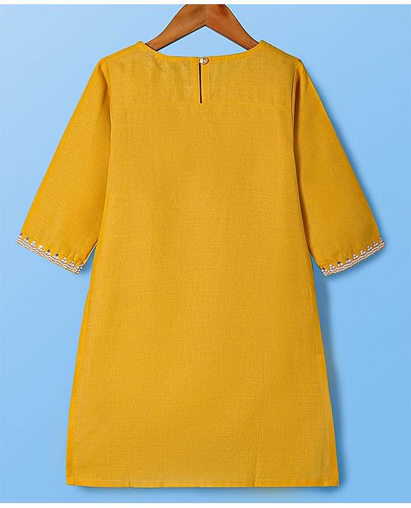 Pine Kids Woven Three Fourth Sleeves Floral & Sequin Embroidered Kurta Salwar Set with Dupatta - Mustard