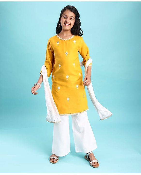 Pine Kids Woven Three Fourth Sleeves Floral & Sequin Embroidered Kurta Salwar Set with Dupatta - Mustard