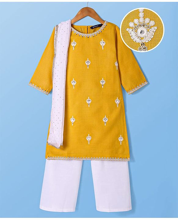 Pine Kids Woven Three Fourth Sleeves Floral & Sequin Embroidered Kurta Salwar Set with Dupatta - Mustard