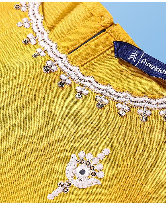 Pine Kids Woven Three Fourth Sleeves Floral & Sequin Embroidered Kurta Salwar Set with Dupatta - Mustard