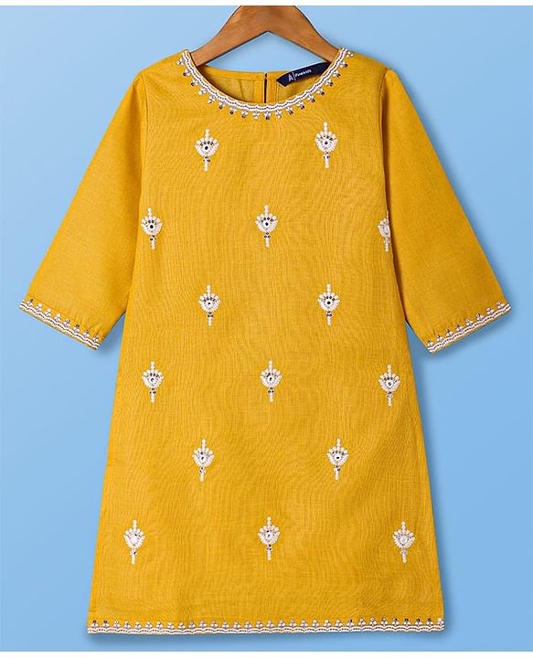 Pine Kids Woven Three Fourth Sleeves Floral & Sequin Embroidered Kurta Salwar Set with Dupatta - Mustard