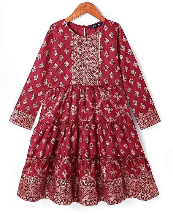 Pine Kids Viscose Woven Full Sleeves Foil Printed Kurta Churidar Set with Dupatta - Maroon