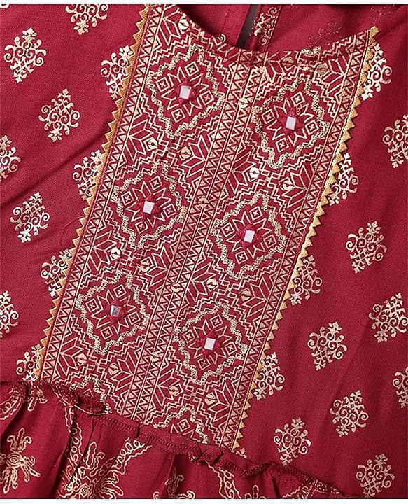 Pine Kids Viscose Woven Full Sleeves Foil Printed Kurta Churidar Set with Dupatta - Maroon