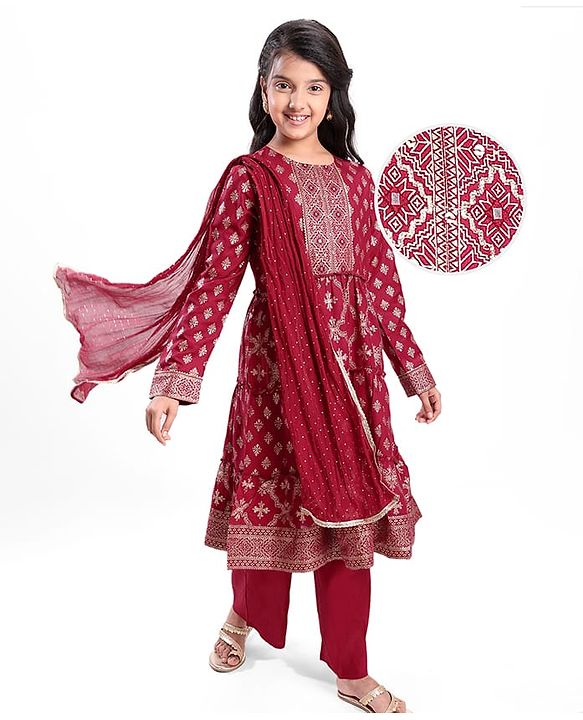 Pine Kids Viscose Woven Full Sleeves Foil Printed Kurta Churidar Set with Dupatta - Maroon