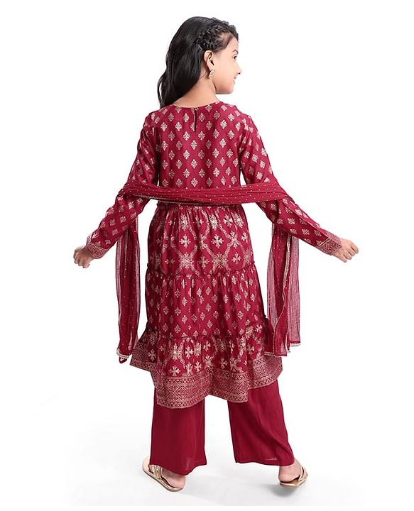 Pine Kids Viscose Woven Full Sleeves Foil Printed Kurta Churidar Set with Dupatta - Maroon