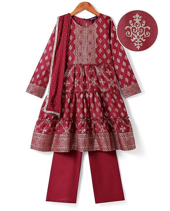 Pine Kids Viscose Woven Full Sleeves Foil Printed Kurta Churidar Set with Dupatta - Maroon