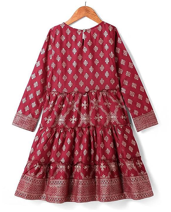 Pine Kids Viscose Woven Full Sleeves Foil Printed Kurta Churidar Set with Dupatta - Maroon