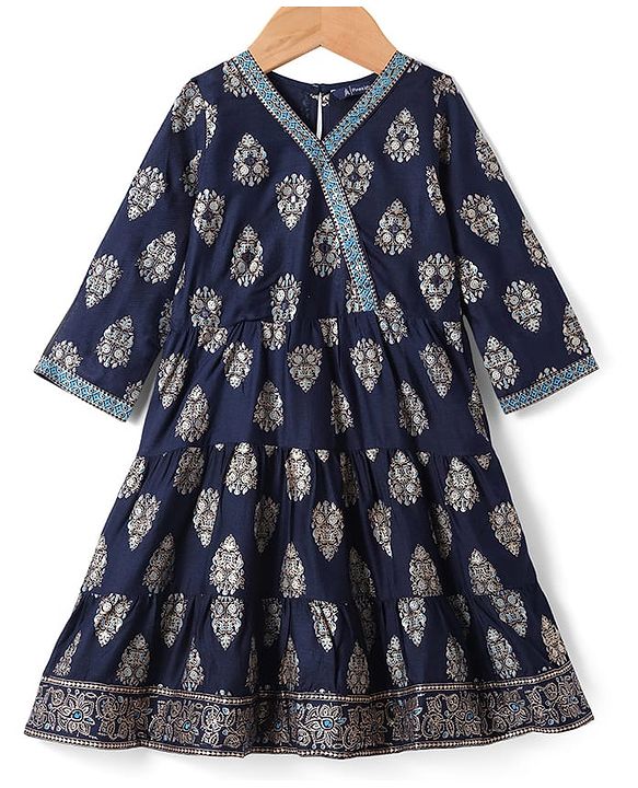 Pine Kids Viscose Woven Full Sleeves Foil Printed Kurta Churidar Set with Dupatta - Navy