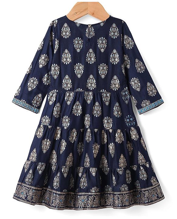 Pine Kids Viscose Woven Full Sleeves Foil Printed Kurta Churidar Set with Dupatta - Navy
