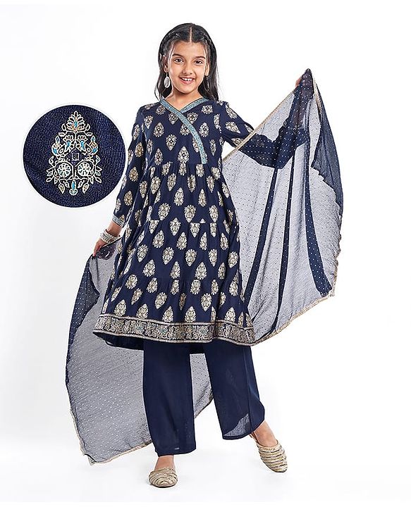 Pine Kids Viscose Woven Full Sleeves Foil Printed Kurta Churidar Set with Dupatta - Navy