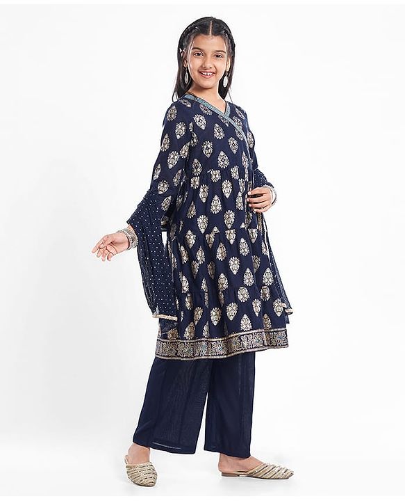 Pine Kids Viscose Woven Full Sleeves Foil Printed Kurta Churidar Set with Dupatta - Navy