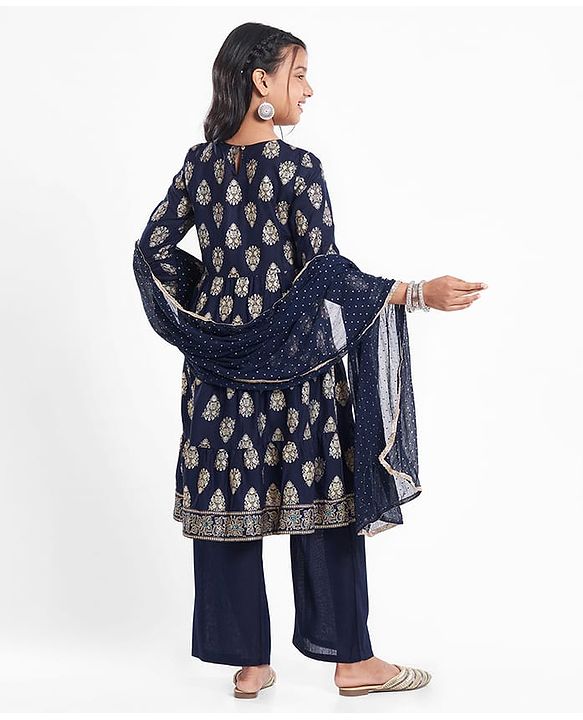 Pine Kids Viscose Woven Full Sleeves Foil Printed Kurta Churidar Set with Dupatta - Navy