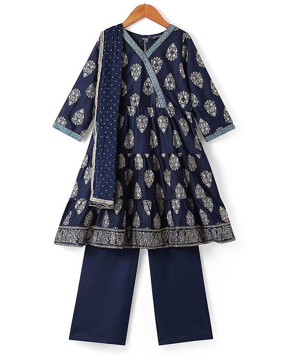 Pine Kids Viscose Woven Full Sleeves Foil Printed Kurta Churidar Set with Dupatta - Navy