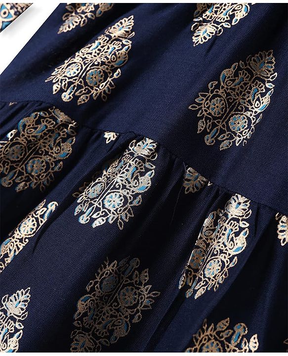Pine Kids Viscose Woven Full Sleeves Foil Printed Kurta Churidar Set with Dupatta - Navy