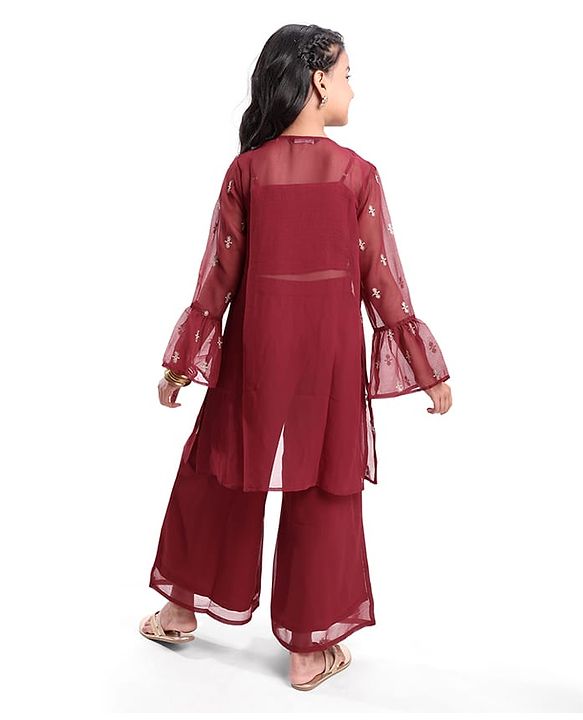 Pine Kids  Woven  Top and Palazzo with Full Sleeves Sequin Detailing Shrug - Maroon