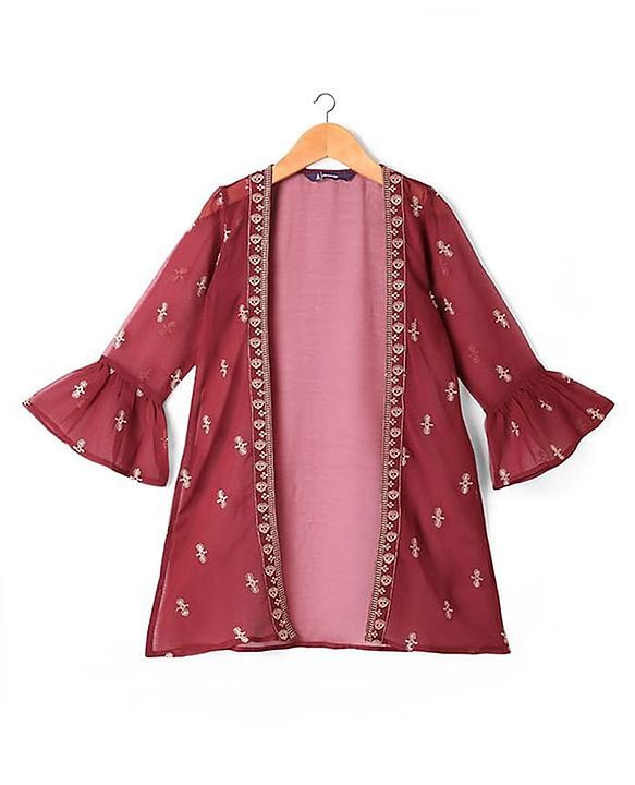 Pine Kids  Woven  Top and Palazzo with Full Sleeves Sequin Detailing Shrug - Maroon